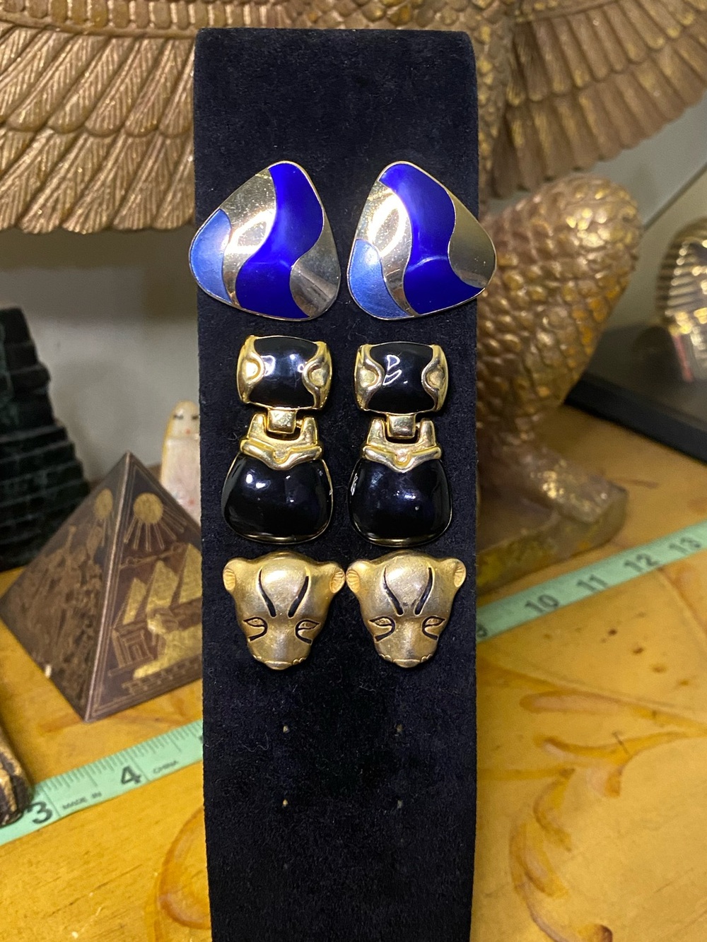 Vintage Gold and Black Panther Drop Earrings with Blue Enamel Accents
